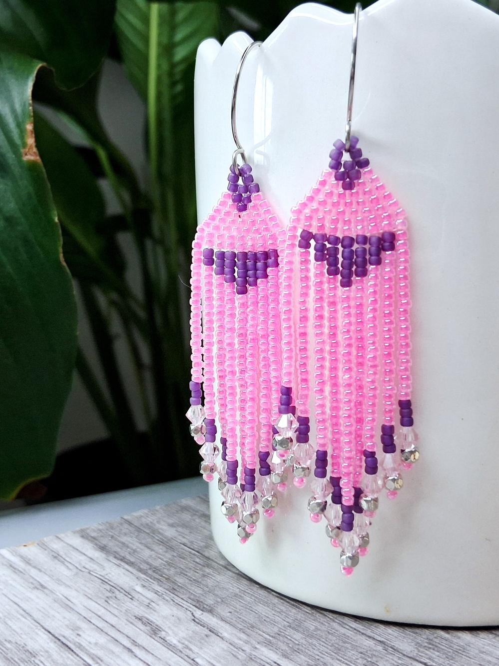 Pink and Purple Beaded Fringe Earrings With Swarovski Accents